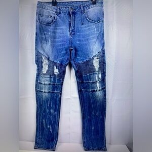 Y&R Men’s Blue Distressed Ribbed Knee Patched Jeans Size 34/32 New